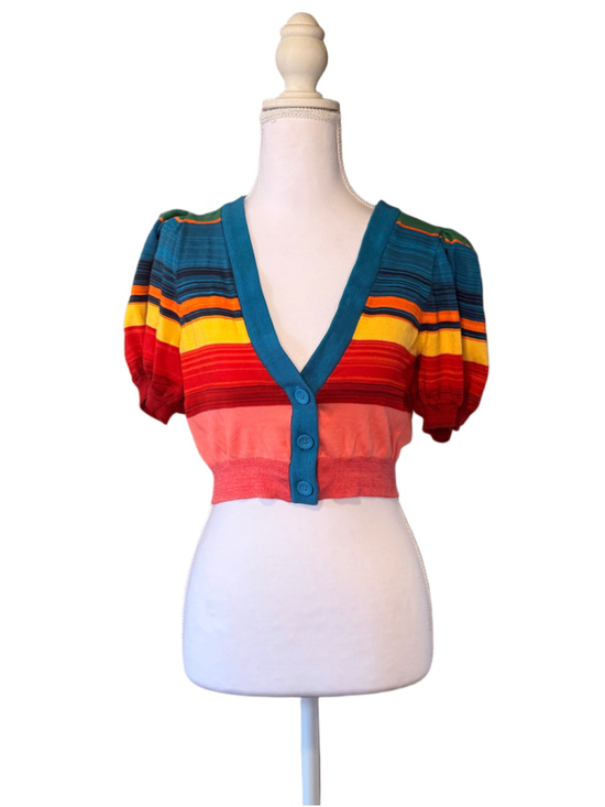 Alice + Olivia Sweaters - Alice + Olivia Rainbow Stripe Puff Sleeve Cropped Cardigan S/P